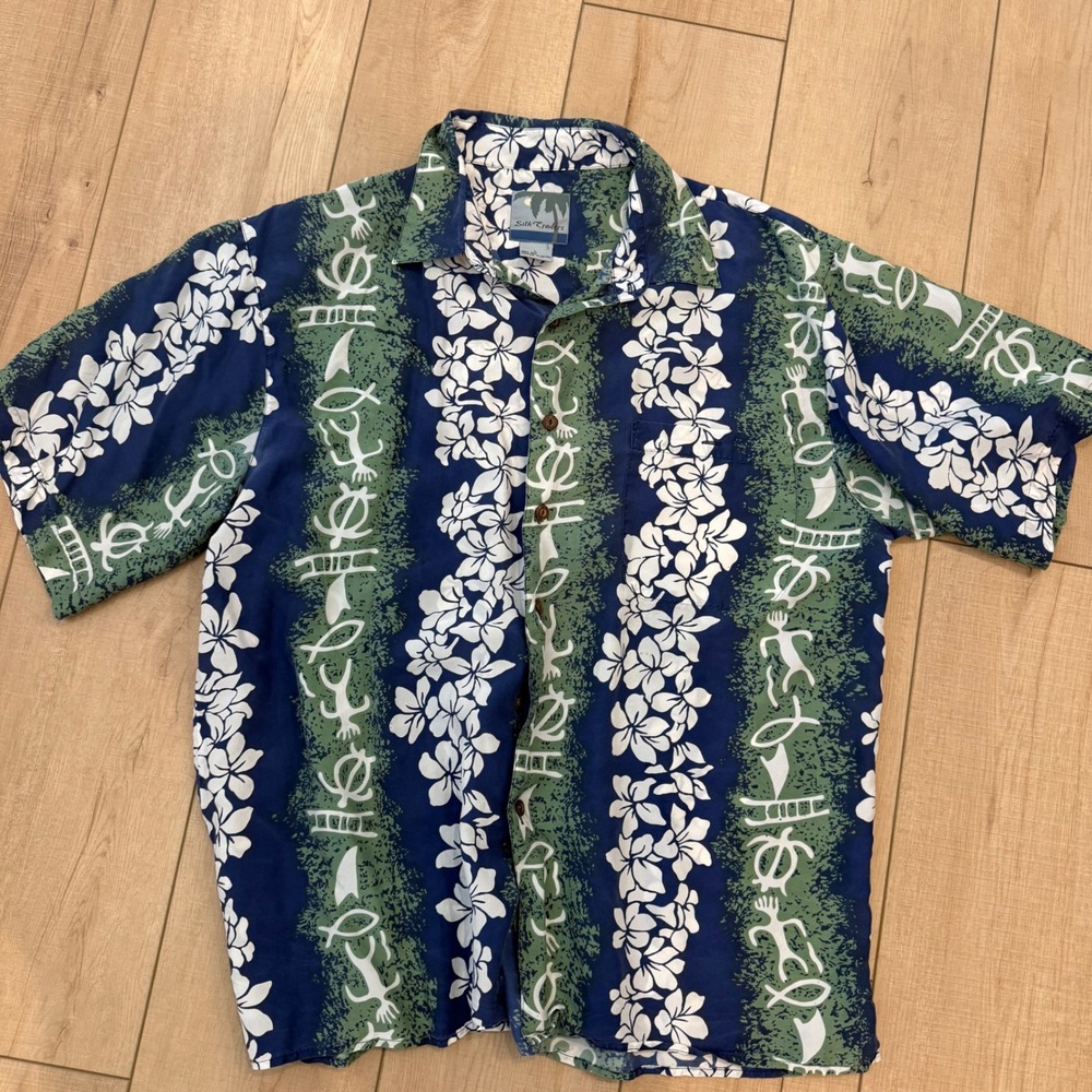 Silk Traders Hawaiian Shirt‎ Mens Large Blue Green Floral Aloha Resort